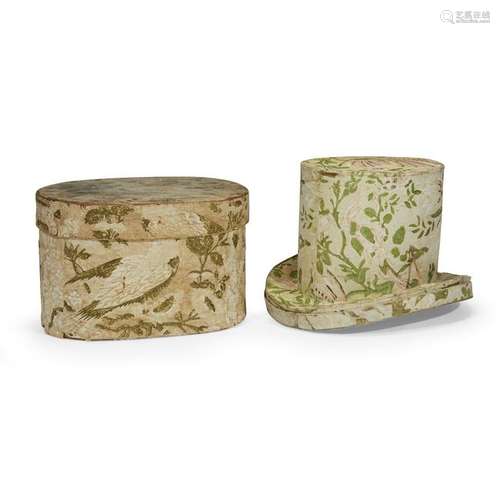 Two wallpaper-covered hat boxes, Hanna Davis, Jaffrey,