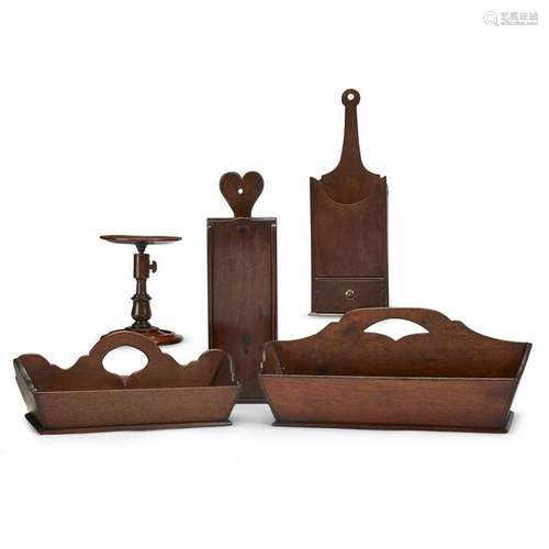 Group of five walnut household containers, late