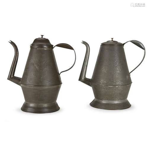 Two punch-decorated tin coffeepots, One marked 