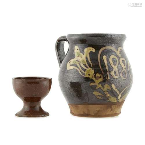 Glazed redware jug and salt cellar, Probably