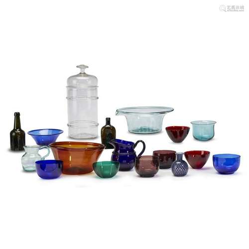 Group of seventeen multicolored blown and molded glass