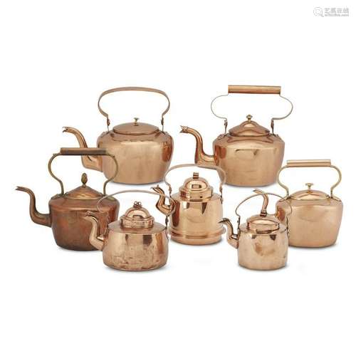 Group of seven copper kettles, Various American and