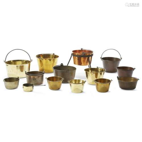 Group of fourteen brass and copper pots, Various