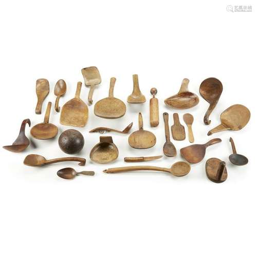 Collection of twenty-four carved and burlwood spoons,