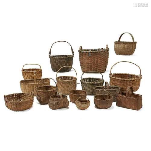 Large group of sixteen assorted splint baskets, Various