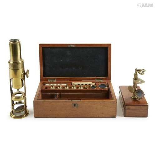 Two small brass compound monocular microscopes and