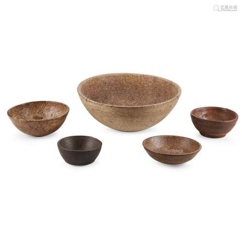 Group of five turned burlwood bowls, 19th century