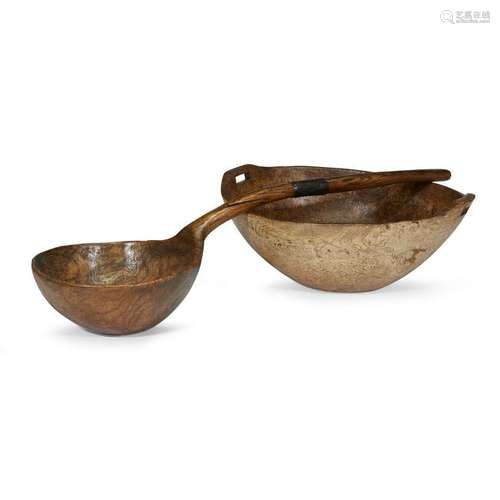 Large burlwood bowl and ladle, Possibly Native