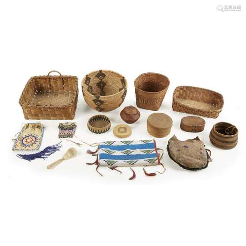 Collection of Native American baskets and beadwork bags