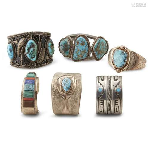 Group of six Navajo turquoise and silver bracelets,