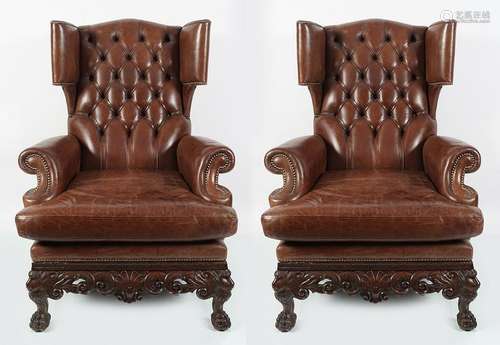 PR OF DUBLIN HIDE UPHOLSTERED WING BACK ARMCHAIRS