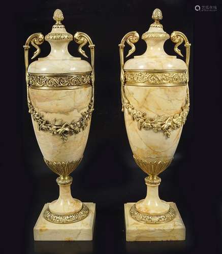 PAIR OF 19TH-CENTURY ORMOLU MOUNTED MARBLE URNS