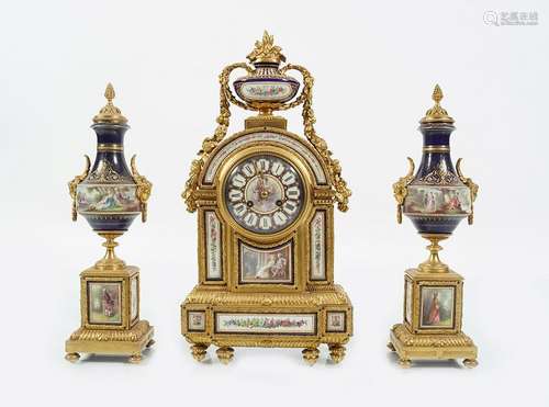 IMPORTANT SEVRES PANELLED & ORMOLU CLOCK GARNITURE