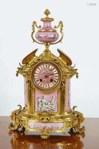 FRENCH PINK SEVRES & ORMOLU MANTLE CLOCK