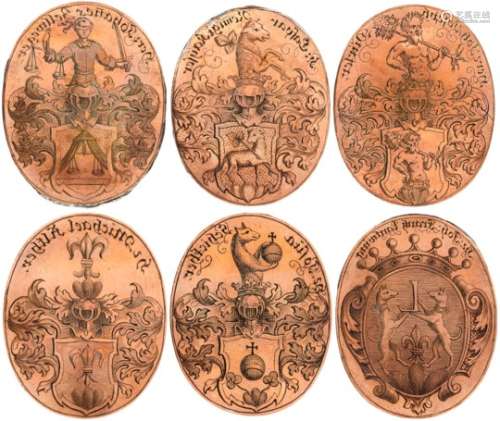 6 WappenplattenSchweiz, 18. Jh. Kupfer-Druckplatten mit fein gravierten Wappen und Inschriften, u.a.