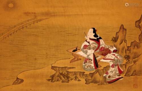 Kakemono der Tosa-SchuleJapan Edo-Periode. Hängerolle mit Seidenmontur. Darstellung der Dichterin