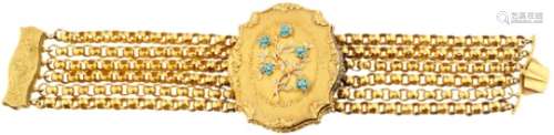 Armband mit MiniaturUm 1850. Gelbgold ca. 9 Kt. und Metall vergoldet. Armband aus sechs Erbsketten