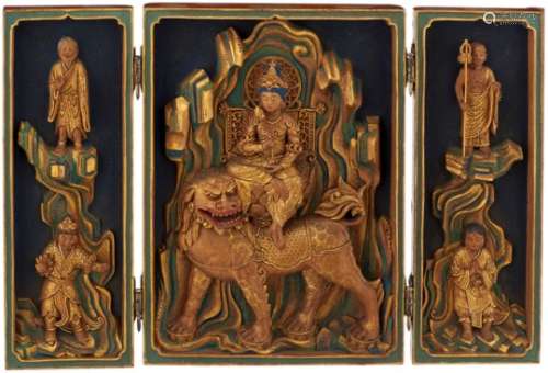 Triptychon ReiseschreinJapan 19. Jh. Aussen Lotusteich in Goldlack, die Scharniere in
