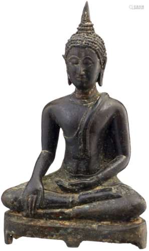 Kleiner BuddhaThailand antik, im Ayutthaya-Stil. Bronze mit dunkler Patina. Im Meditationssitz auf
