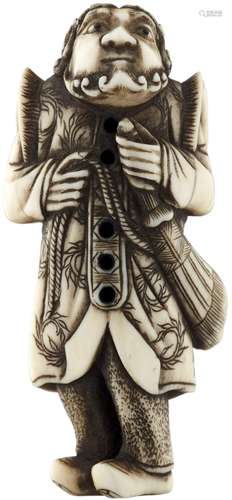 Netsuke eines HolländersJapan 19. Jh. Elfenbein, die Augen eingelegt. Stehender Ausländer mit