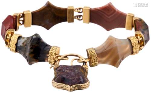 Jaspis-ArmbandGelbgold 750 bzw. 585, viktorianisch. Armband aus schottischem Jaspis und Achat in