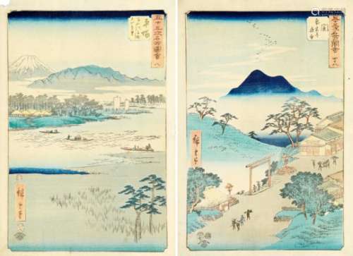 Hiroshige I Ando1797 - 1858Zwei japanische Farbholzschnitte im Oban-Format, 1855. Die Stationen 