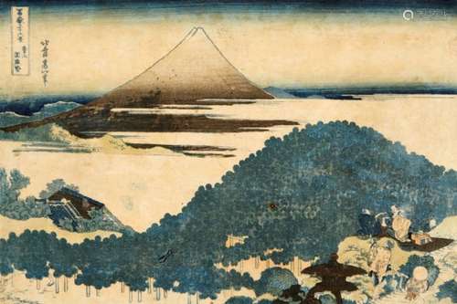 Hokusai Katsushika1760 - 1849Japan 19. Jh. Farbholzschnitt im horizontalen Oban-Format, gerahmt. Das