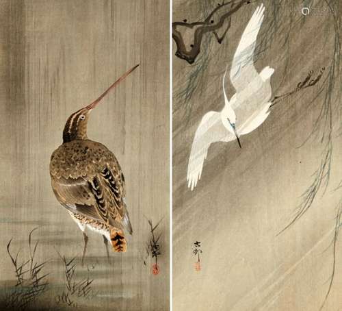 Koson Ohara1877 - 1945Japan um 1910. Zwei japanische Farbholzschnitte im tanzaku-Format. Ein