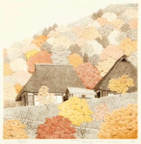 Tanaka Ryohei1933Japan. Gerahmte Farbradierung von Bauernhäusern im Herbst. In Bleistift signiert,