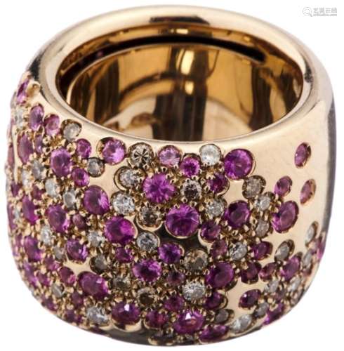 Farbstein-Diamant-RingWeissgold 750, Italien. Bandring, ausgefasst mit zahlreichen rosafarbenen