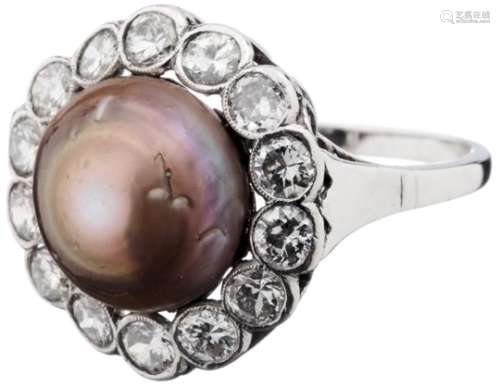 Perlen-Diamant-RingWeissgold 750. 1 grau bis bronzefarbige natürliche Bouton-Perle, Pinctada