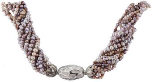Perlen-Collier13 Ränge grau/braune Süsswasser-Kulturperlen und -Keshi-Perlen. Steckverschluss in
