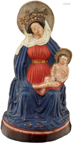 Madonna mit KindUm 1800. Keramik polychrom bemalt. Altersspuren. Höhe 35.5 cm- - -20.00 % buyer's