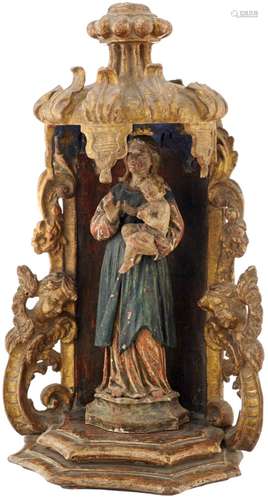 Maria mit Jesuskind18./19. Jh. Skulptur und Baldachin aus Holz geschnitzt, farbig gefasst und