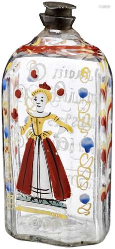 Schraubflasche18. Jh. Farbloses, in die Form geblasenes Glas. Abrissnarbe im Stand. Polychrome