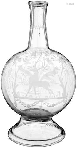 MassflascheWohl Flühli, datiert 1815. Farbloses Glas. Abgeplattete Kugelform. Gerutschter Dekor