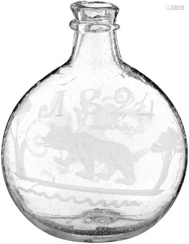 SchnapsflascheWohl Flühli, datiert 1824. Farbloses, blasiges Glas mit wulstiger Mündung.