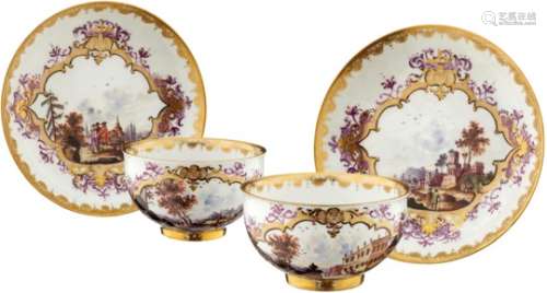 6 KoppchenMeissen, 18./19. Jh. Porzellankoppchen mit Untertellern. Reiche Goldspitzenmalerei. In