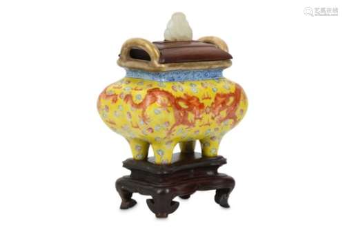 A CHINESE FAMILLE ROSE YELLOW-GROUND INCENSE BURNER.