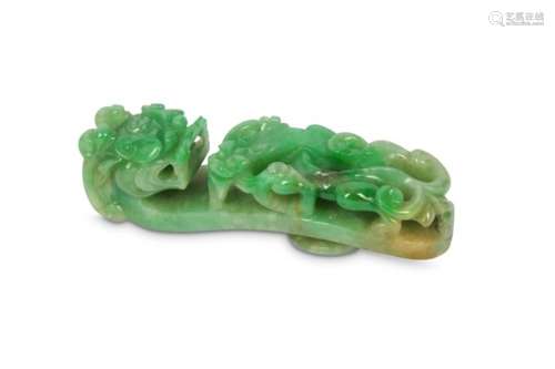 A CHINESE APPLE-GREEN JADEITE BELT HOOK.