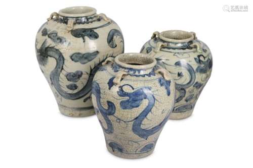 THREE CHINESE SWATOW 'DRAGON' JARS.