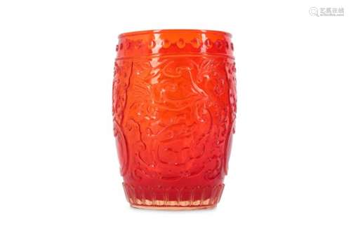 A CHINESE PEKING RED GLASS ARCHAISTIC 'DRAGON' CUP.