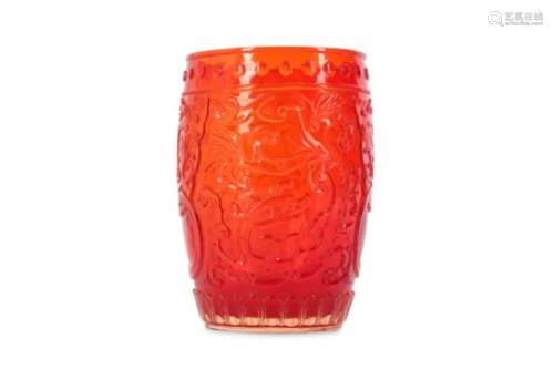 A CHINESE PEKING RED GLASS ARCHAISTIC 'DRAGON' CUP.
