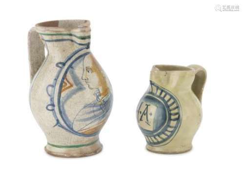 TWO PITCHERS IN MAIOLICA METAURENSE AREA 16TH CENTURY