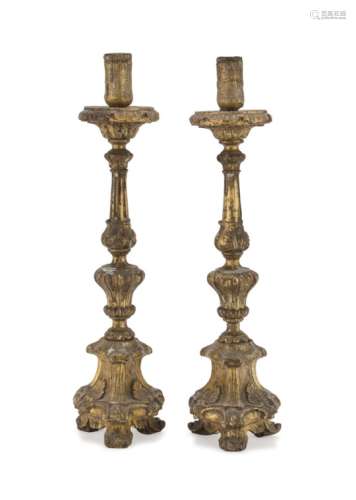 A PAIR OF GILTWOOD CANDLESTICKS NAPLES 18TH CENTURY
