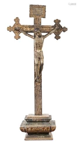 RARE CRUCIFIX IN CARVED WOOD PROBABLY SPAIN 17TH CENTURY