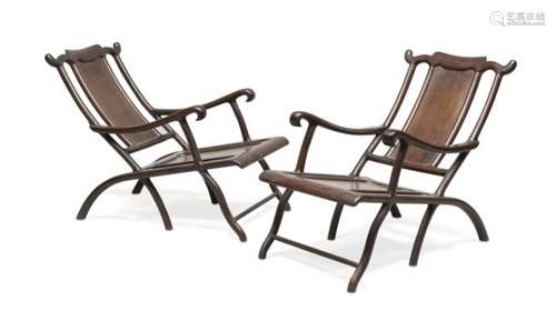 PAIR OF GARDEN CHAIRS IN ORIENTAL MAHOGANY PROBABLY JAPAN 20TH CENTURY