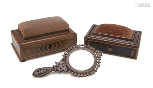 TWO SEWING BOXES AND A MIRROR MANUFACTURE SORRENT 19TH CENTURY