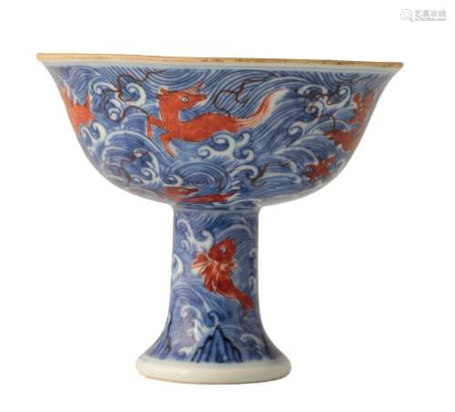 RARE UNDERGLAZE-BLUE AND IRON-RED DECORATED STEM CUP, XUANDE SIX CHARACTER MARK BUT YONGZHENG PERIOD
