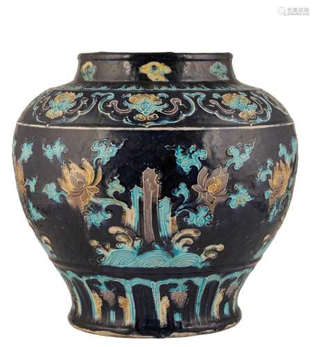 LARGE FAHUA DARK-BLUE GROUND BALUSTER JAR (GUAN), MING DYNASTY, EARLY 16TH CENTURY